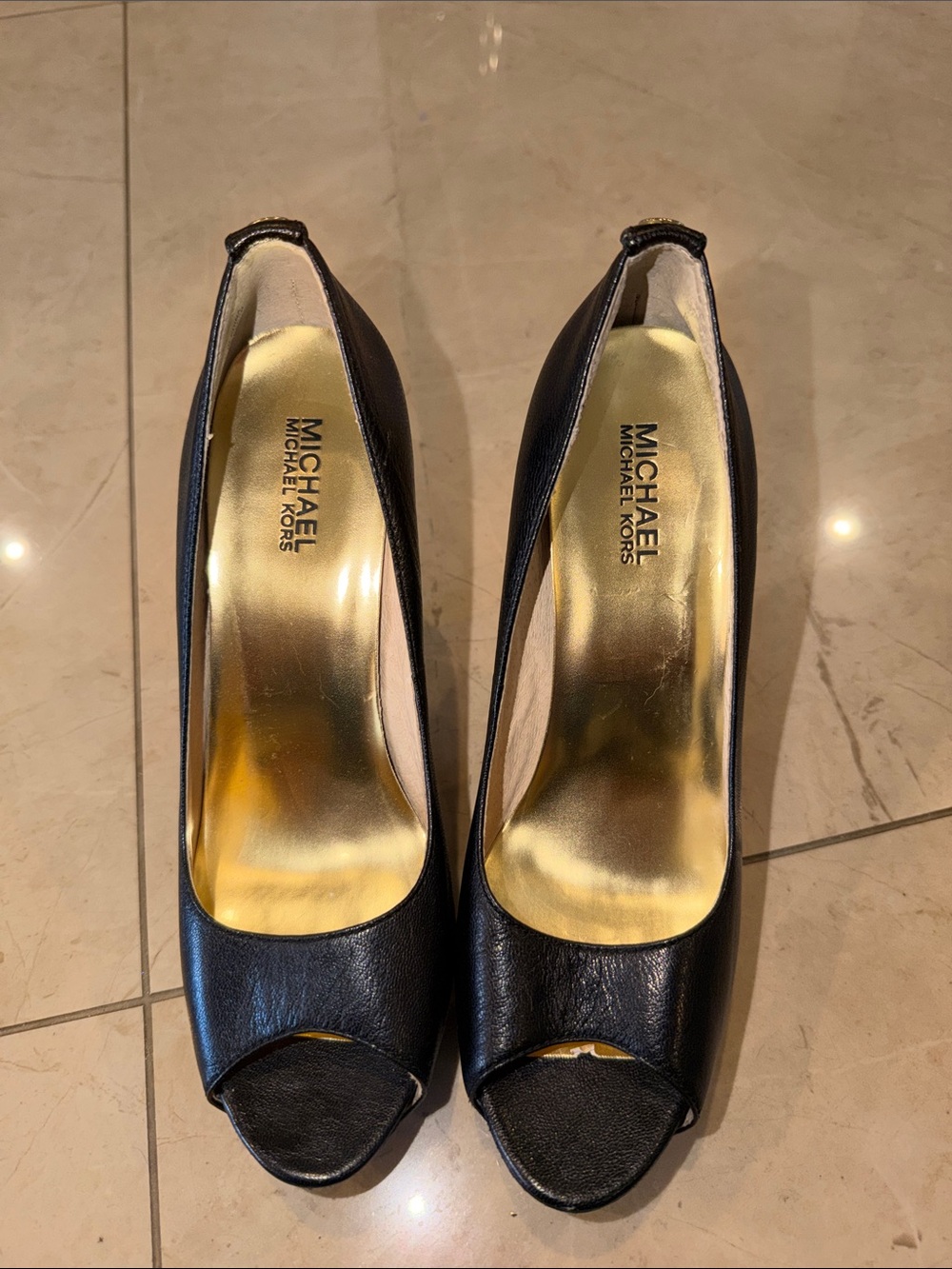 Michael Kors Black Leather Peep-Toe Heels with Gold Insole size8.5